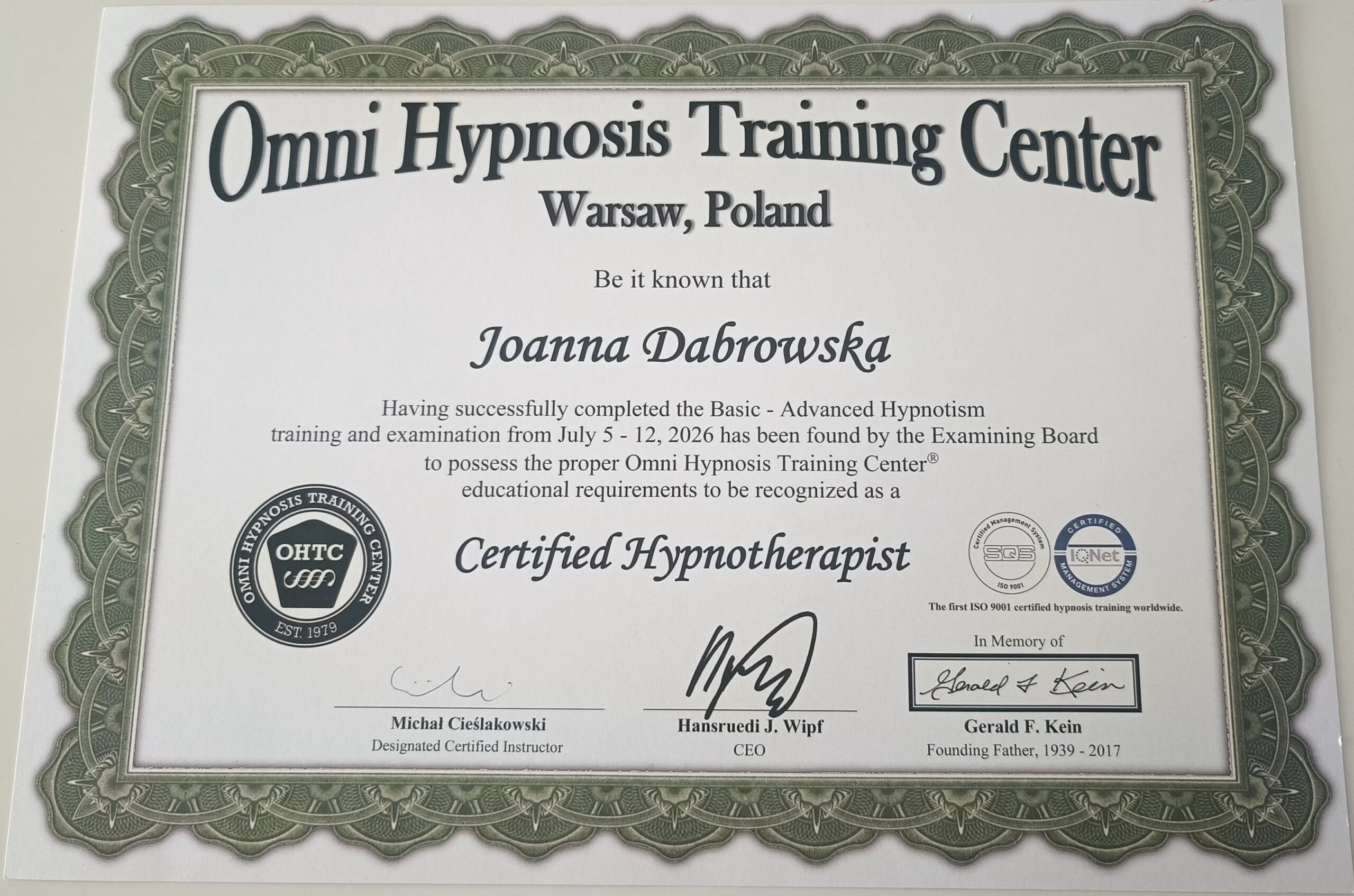Joanna Dabrowska Omni Certryfikat